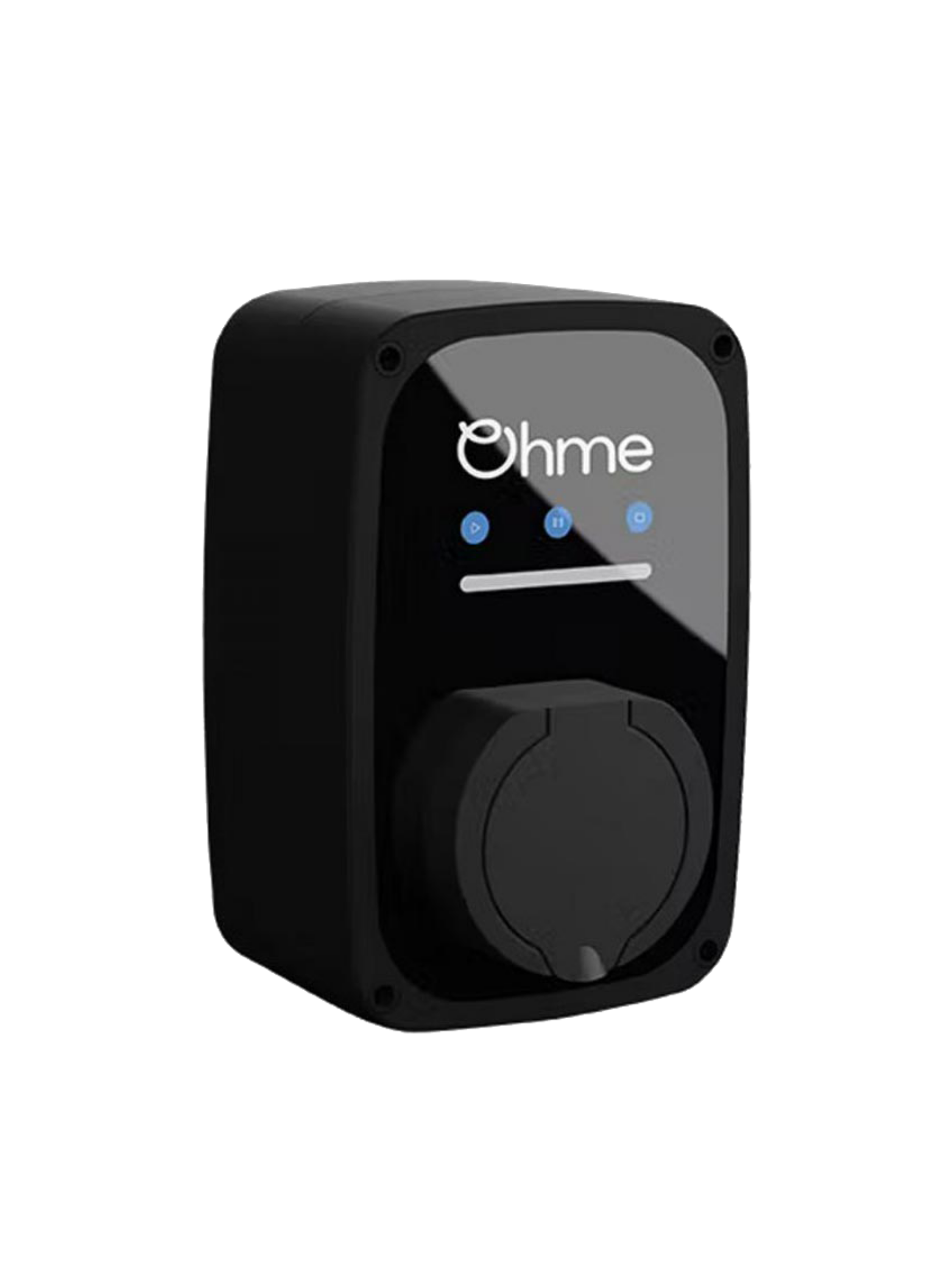 Ohme ePod compact untethered home EV charger in black, three-quarter view with white Ohme logo, three blue control buttons, LED light strip and round Type 2 socket cover