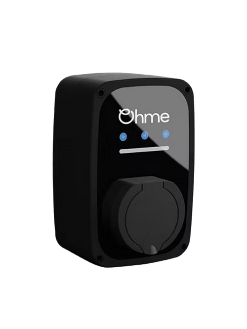 Ohme ePod compact untethered home EV charger in black, three-quarter view with white Ohme logo, three blue control buttons, LED light strip and round Type 2 socket cover