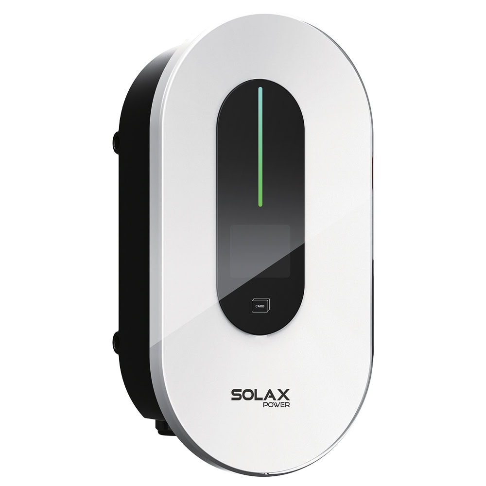 SolaX Smart EV Charger G2 in white and black with oval body, vertical green LED status bar, RFID card icon and SOLAX POWER logo, three-quarter view