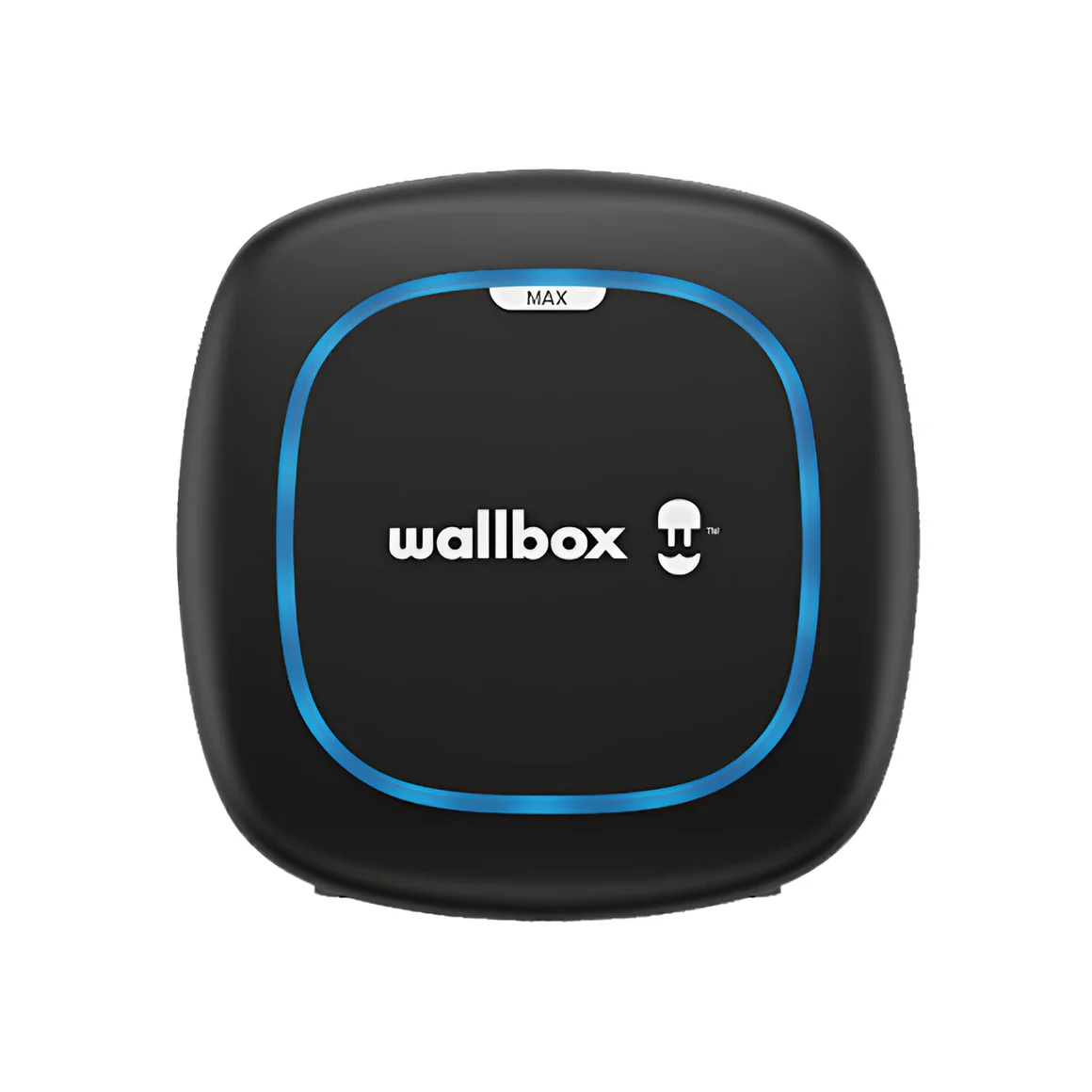 Wallbox Pulsar Max home EV charger in matte black, flat front view with wallbox jellyfish logo and blue LED ring around centre touchpad