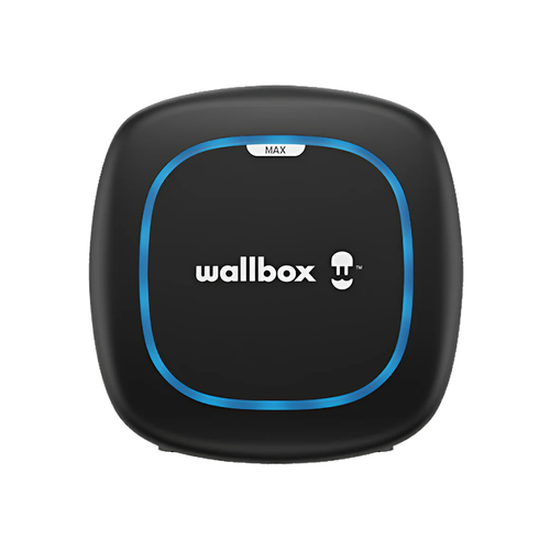 Wallbox Pulsar Max home EV charger in matte black, flat front view with wallbox jellyfish logo and blue LED ring around centre touchpad