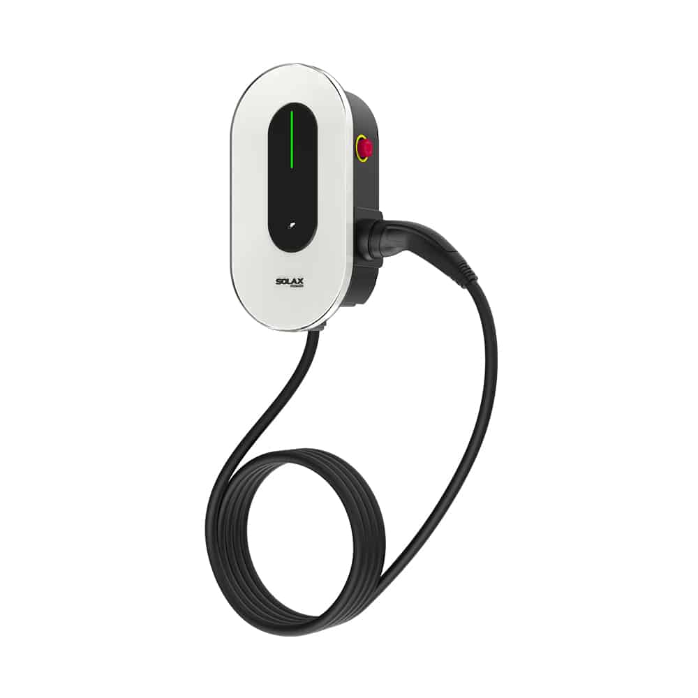 SolaX Smart EV Charger G2 three-quarter view with vertical green LED indicator, red emergency stop button and tethered Type 2 cable coiled below