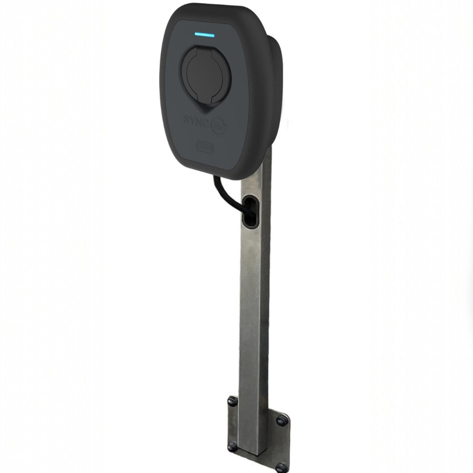 SyncEV EV charger in black on pedestal stand with tethered cable and blue LED status indicator