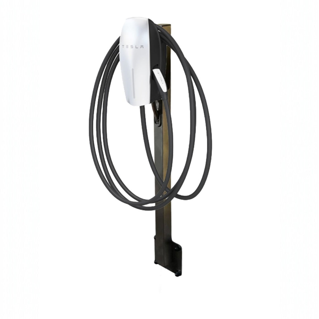 Tesla Wall Connector Generation 3 EV charger in white with black tethered cable wrapped on wall mount bracket