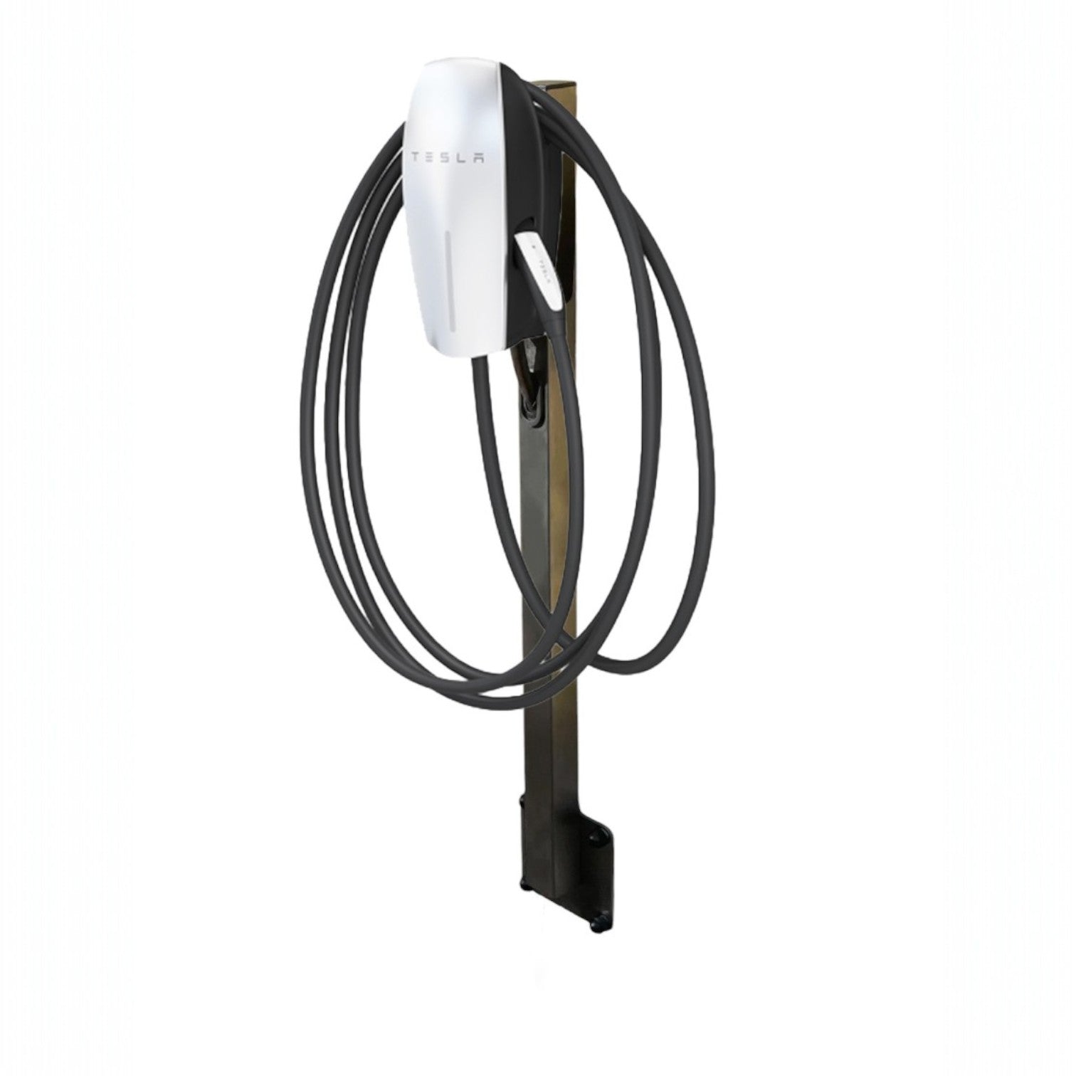 Tesla Wall Connector Generation 3 EV charger in white with black tethered cable wrapped on wall mount bracket