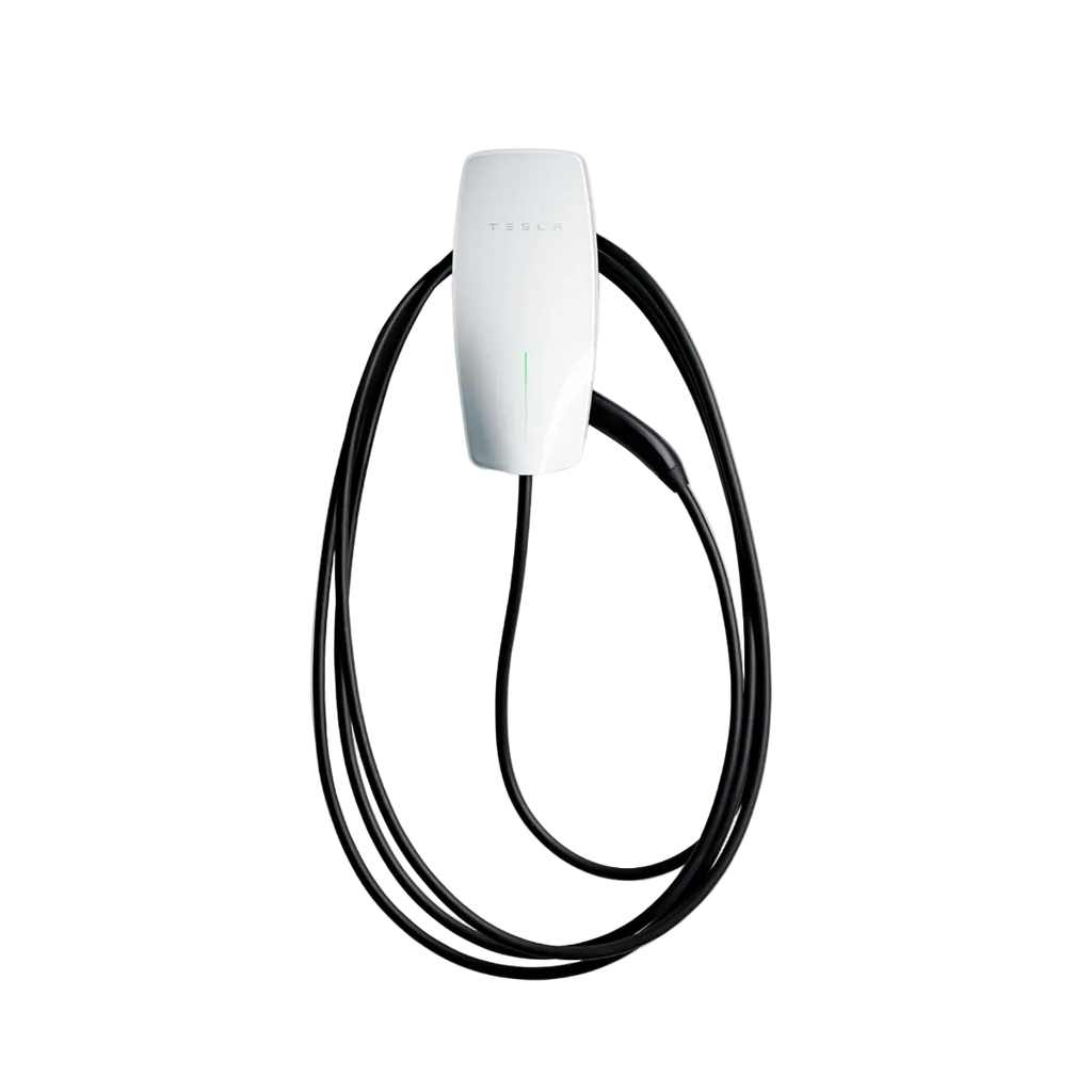 Tesla Wall Connector Gen 3 home EV charger in white with full coiled black tethered Type 2 cable wrapped around body and green LED status indicator