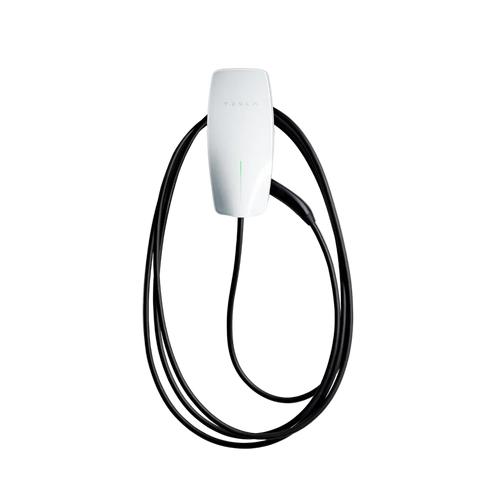 Tesla Wall Connector Gen 3 home EV charger in white with full coiled black tethered Type 2 cable wrapped around body and green LED status indicator