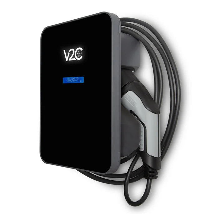 V2C Trydan 22kW Type 2 EV charger in black with white V2C logo, blue LCD status display and tethered Type 2 cable on side