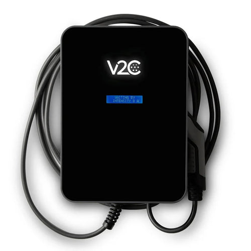 V2C Trydan 22kW Type 2 EV charger front view in black with V2C logo, blue LCD showing Waiting EV status and coiled tethered cable behind