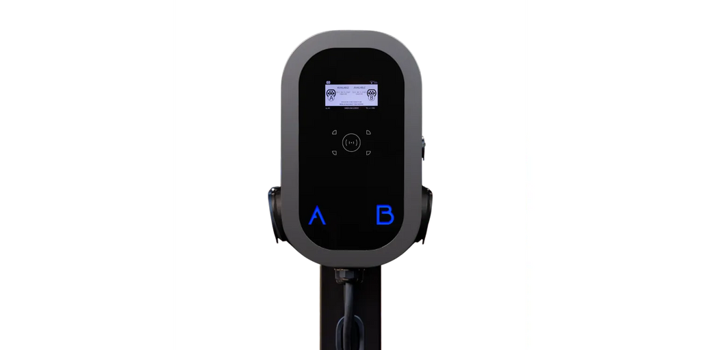 vCHRGD dual EV charger close-up of display screen and A/B ports - UK charge point