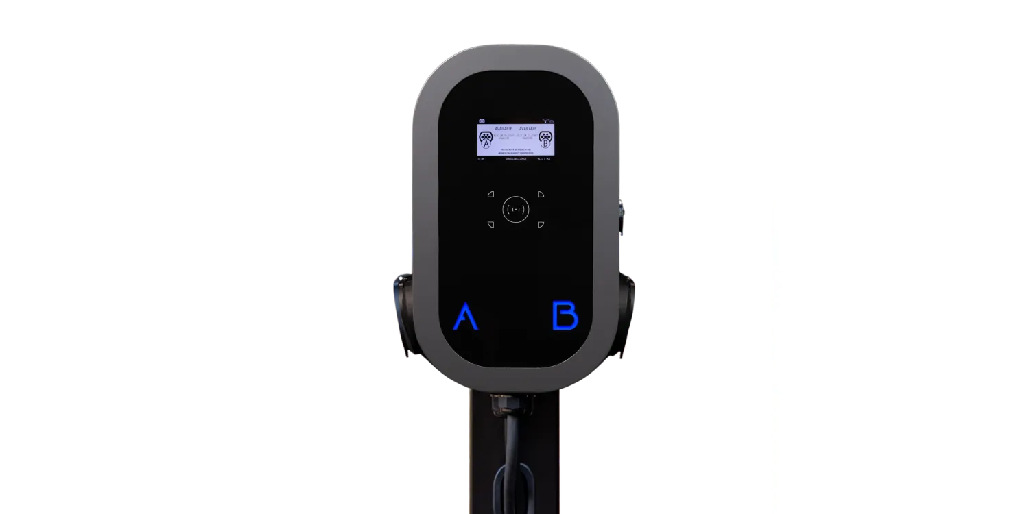 vCHRGD dual EV charger close-up of display screen and A/B ports - UK charge point