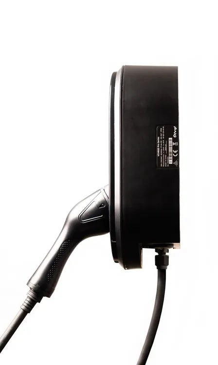 vCHRGD Seven Pro tethered EV charger in black, side profile with cable - UK home charger