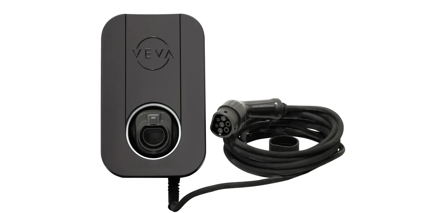 VEVA tethered EV charger in grey with charging cable - UK home wall charger