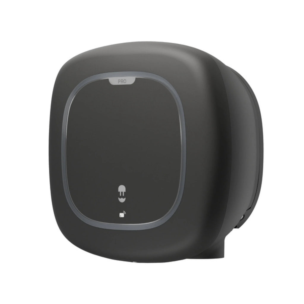 Wallbox Pulsar Pro 22kW EV charger three-quarter view in matte black showing rounded square body, PRO label and side ventilation