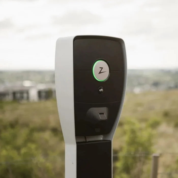 Zaptec Pro EV charger mounted on pedestal outdoors with green ring light - buy 22kW V2G Type 2 charger